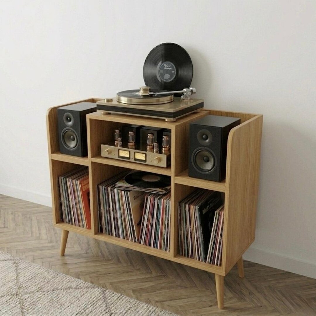 Turntable Base Rack Large Turntable Stand Vinyl Record Storage MDF Media Console Hifi ...