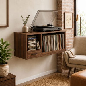 Könnte beinhalten: An der Wand montierte, dunkelbraune Holz-Plattenspieler-Konsole mit eingebauter Schublade und Regalen für Schallplatten. Auf der Oberseite befindet sich ein schwarzer Plattenspieler mit einer transparenten Staubschutzhülle. Eine kleine Vase und eine Pflanze sind ebenfalls zu sehen.