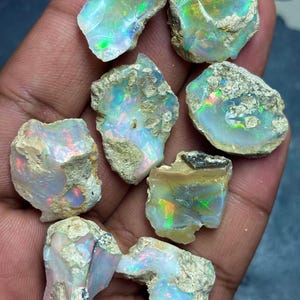 May include: A collection of seven raw, unpolished opal stones featuring a milky white base with vibrant flashes of green, blue, and red iridescence. Each stone displays a rough, natural texture with earthy, beige-colored mineral inclusions.