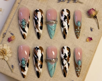 Handmade Cow Print Press On Nails: Turquoise Gem, Rodeo Stiletto
