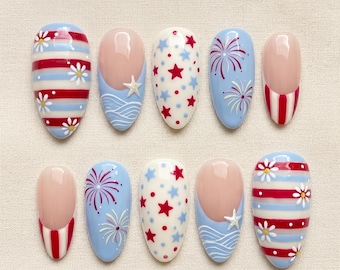 Handmade 4th of July Press On Nails, Patriotic Firework Nail Set, Red White Blue Stars, Festive Summer Reusable Press Ons