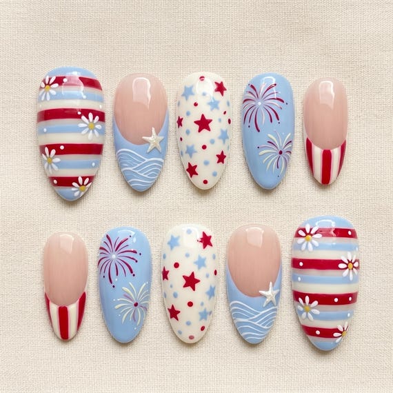 Handmade 4th of July Press On Nails, Patriotic Firework Nail Set, Red White Blue Stars, Festive Summer Reusable Press Ons