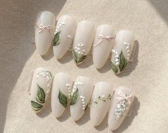 White Lily of the Valley Press On Nails, Floral Handmade Gel Fake Nail Set