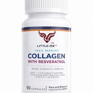 May include: A white bottle of Little Ox marine collagen capsules. The label features a bull logo and text that reads "COLLAGEN WITH RESVERATROL." The bottle contains 90 capsules and is a pure and natural food supplement.