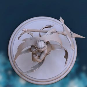May include: A light beige figurine of a person in a flying pose, mounted on a circular base. The figure has outstretched arms and a flowing cape, with a bow and arrow. The background is a gradient of dark blue.