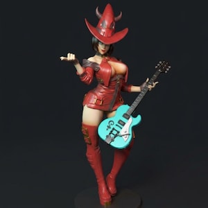 May include: A red figurine of a woman wearing a red hat with horns, a red leather outfit, and red boots. She is holding a light blue electric guitar with black details. The figurine is on a black base.