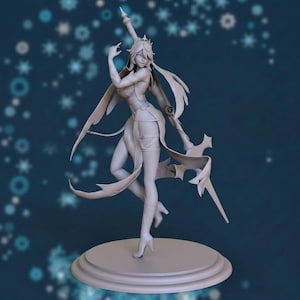 May include: A light gray figurine of a female character in a dynamic pose, holding a stylized weapon. The figure is on a circular base, with flowing hair and detailed clothing. The background is a dark blue with white star-shaped designs.