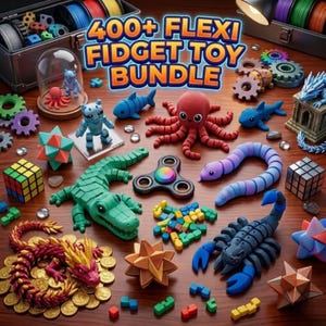 Puede incluir: Una colección de coloridos juguetes fidget flexi, que incluyen un pulpo, un cocodrilo, un dragón y un escorpión, dispuestos sobre una superficie de madera. La imagen presenta una variedad de formas y colores, con el texto "400+ Flexi Fidget Toy Bundle" en la parte superior.