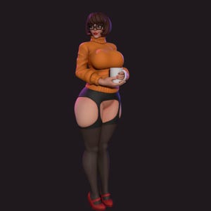 May include: A 3D rendered figure of a woman wearing an orange turtleneck sweater, black shorts, and black stockings. She is holding a white mug and wearing red shoes and glasses. The background is a dark purple.