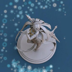 May include: A detailed, light-colored figurine of a character in a dynamic pose, possibly a warrior or dancer. The figure is on a circular base, with flowing fabric elements and a weapon. The background is a gradient blue with white star-shaped accents.