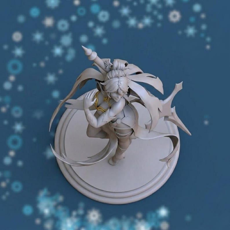May include: A detailed, light-colored figurine of a character in a dynamic pose, possibly a warrior or dancer. The figure is on a circular base, with flowing fabric elements and a weapon. The background is a gradient blue with white star-shaped accents.