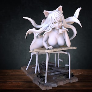 May include: A white anime-style figurine of a woman with cat ears and long flowing hair, posed on a small desk. The figurine is resting on a wooden base with a distressed appearance. The figure has yellow eyes.