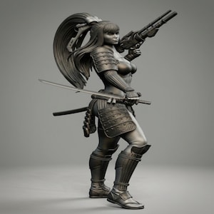 May include: A detailed grayscale figurine of a female warrior in armor, holding a futuristic rifle and a katana. The figure has long hair tied back, and is wearing detailed armor on her arms, legs, and torso. The overall design blends futuristic and traditional elements.