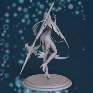 May include: A gray figurine of a female warrior, holding a spear with a decorative head. The figure is posed on a round base, wearing a detailed outfit with flowing elements. The background is a dark blue with white star-shaped designs.
