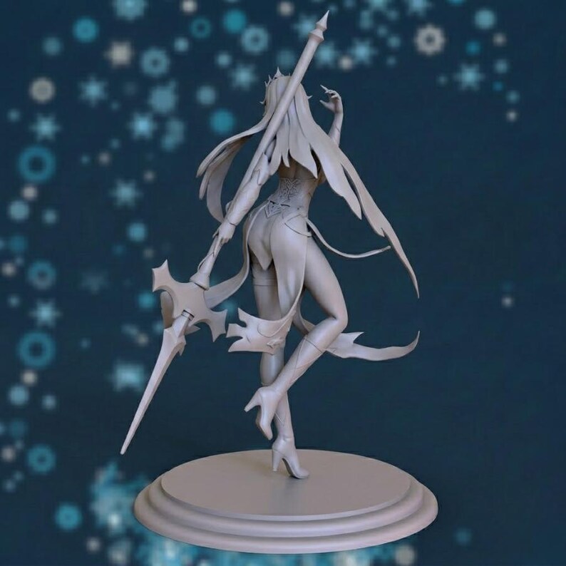 May include: A gray figurine of a female warrior, holding a spear with a decorative head. The figure is posed on a round base, wearing a detailed outfit with flowing elements. The background is a dark blue with white star-shaped designs.