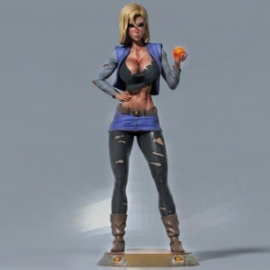 May include: A figurine of a female character with blonde hair, wearing a blue jacket, black top, blue skirt, and black leggings with rips. She holds an orange sphere. The figure is posed on a gold-colored base.
