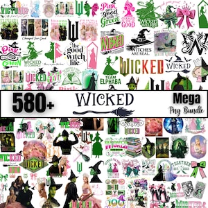 Könnte beinhalten: Eine Sammlung von über 580 PNG-Grafiken zum Thema "Wicked". Die Bilder enthalten Illustrationen von Hexen, Zitaten und Charakteren aus dem Musical in Grün-, Rosa- und Schwarztönen. Die Wörter "Wicked" und "Mega Png Bundle" sind ebenfalls sichtbar.