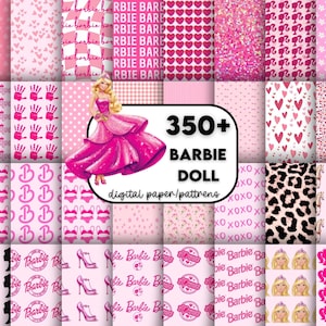 May include: A collection of pink digital paper patterns featuring various designs, including hearts, polka dots, and the Barbie logo. The image includes a Barbie doll illustration and text that reads "350+ Barbie Doll digital paper/patterns."