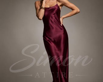 Vestido slip de satén rojo vino / Vestido maxi de aspecto de seda / Vestido de noche elegante / Vestido de dama de honor / / Robe Élégante / Robe de Demoiselle d'Honneur