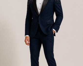 Men’s Navy Blue Embellished Tuxedo | Gold Studded Wedding Suit | Luxury Groom Blazer | Navy Gold Designer Tuxedo for Men