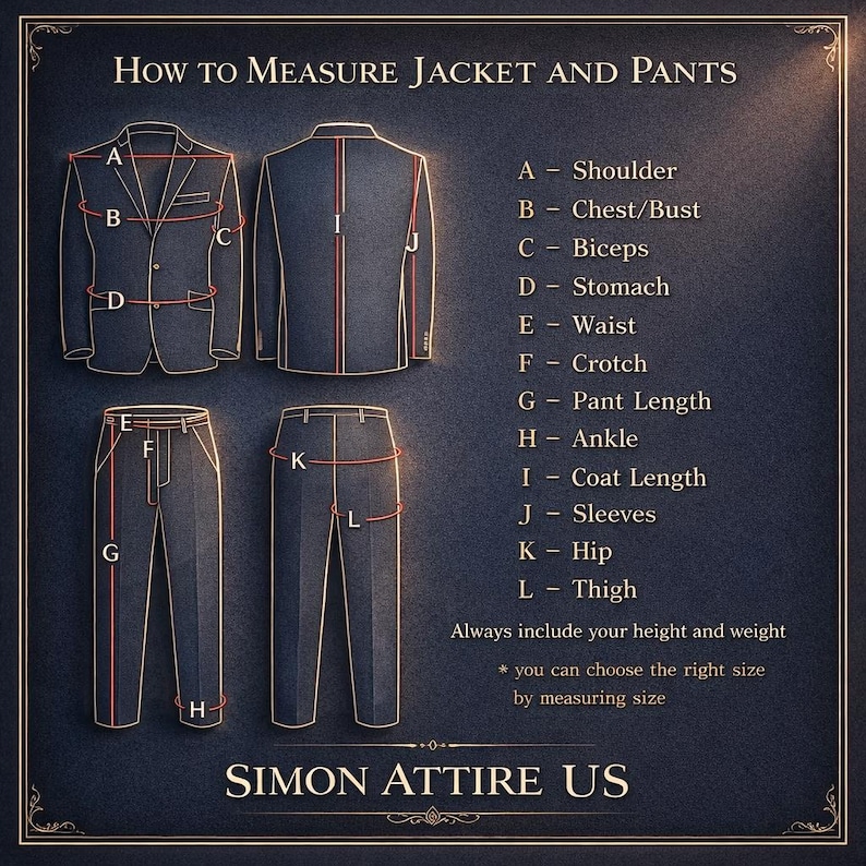 May include: Diagram illustrating how to measure a jacket and pants, with labeled points for shoulder, chest, biceps, stomach, waist, crotch, pant length, ankle, coat length, sleeves, hip, and thigh. Text reads "SIMON ATTIRE US."