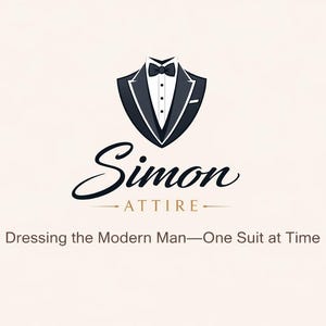 May include: Logo for Simon Attire, a formal wear brand. The logo features a stylized tuxedo jacket and bow tie. Below the graphic is the brand name in elegant script, with the tagline: "Dressing the Modern Man&mdash;One Suit at Time."