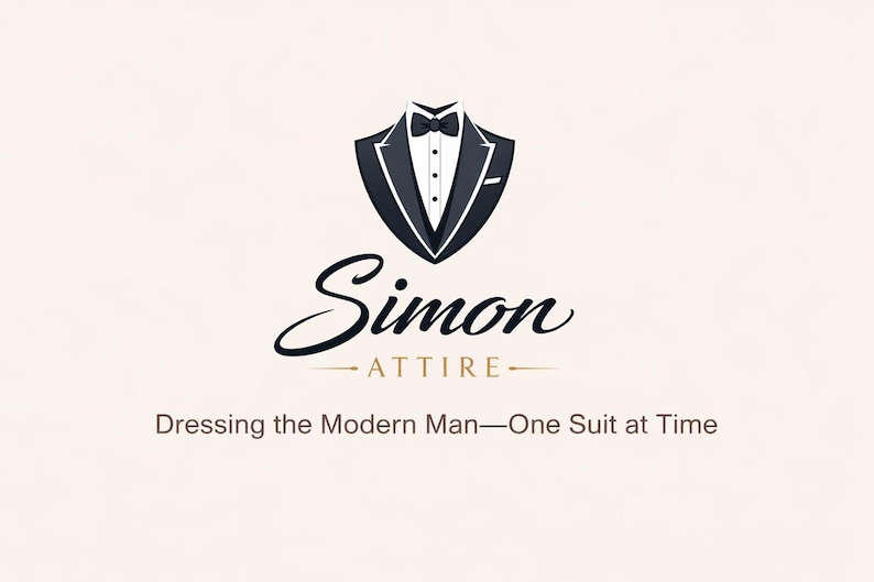 May include: Logo for Simon Attire, a formal wear brand. The logo features a stylized tuxedo jacket and bow tie. Below the graphic is the brand name in elegant script, with the tagline: "Dressing the Modern Man&mdash;One Suit at Time."