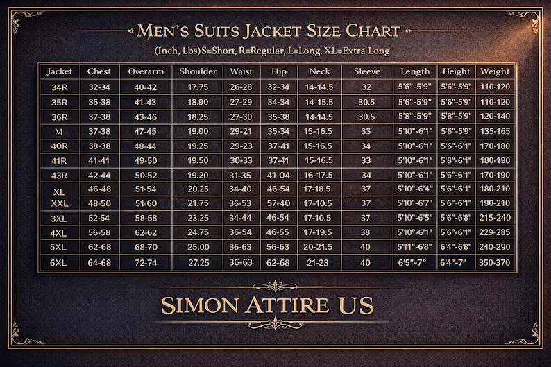 May include: A size chart for men's suits jackets, with measurements in inches and pounds. The chart includes jacket sizes, chest, overarm, shoulder, waist, hip, neck, sleeve, length, height, and weight. The brand name "SIMON ATTIRE US" is at the bottom.