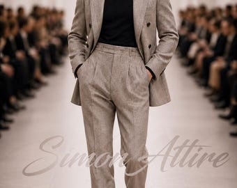 Traje cruzado de lujo de los años 90 en espiga beige para hombre / Traje de espiga beige para hombre / Traje estilo aristocrático / Traje vintage