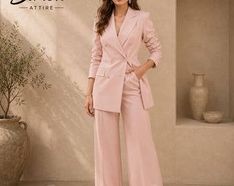 Blush Pink Women's Pantsuit | Double Breasted Blazer Set | Wide Leg Trouser Suit | Wedding Formal Suit Women | Business Suit for Women