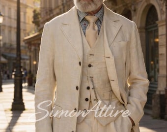 1970s Vintage Edwardian Suit for Men | Linen 3 Piece Suit with Long Coat | Summer Formal Outfit | Handmade Custom Outfit - Gift for him.
