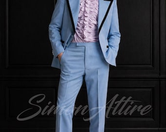 Sky Blue Vintage Inspired 90s Formal Suit For Men | Contrast Lapel Suit | Vintage Inspired Suit | Statement Formal Suit | Tailored Prom Suit