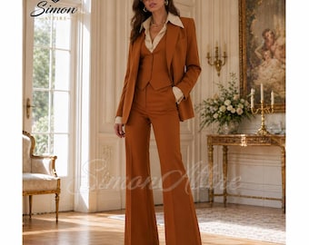 Conjunto feminino laranja ferrugem com calça flare, estilo boho vintage, para casamento, sob medida - Presente para ela