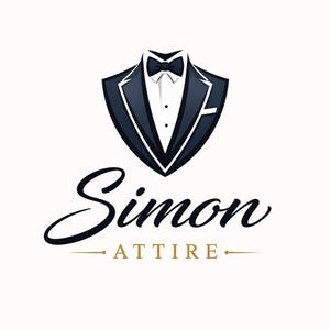 May include: A logo featuring a stylized tuxedo jacket in navy blue with a white lapel and pocket square. Above the jacket is a black bow tie. The word "Simon" is written in elegant script, with "Attire" below.