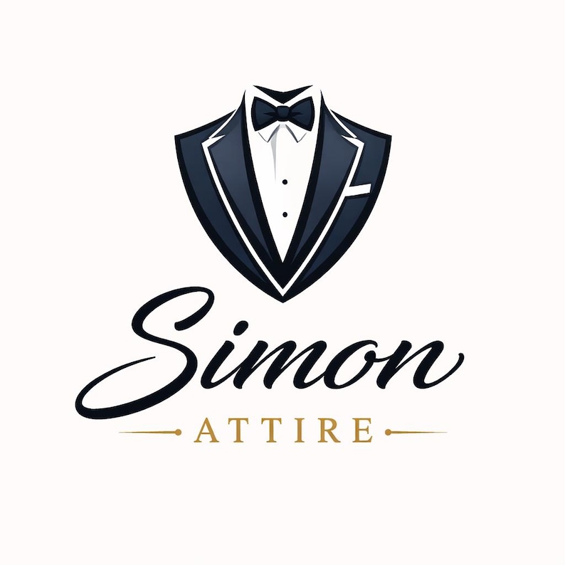 May include: A logo featuring a stylized tuxedo jacket in navy blue with a white lapel and pocket square. Above the jacket is a black bow tie. The word "Simon" is written in elegant script, with "Attire" below.
