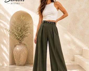 Pantalones anchos verde oliva para mujer / Pantalones palazzo de talle alto / Pantalones fluidos para vestir / Pantalones minimalistas y elegantes para la oficina y ocasiones informales - Regalo para ella