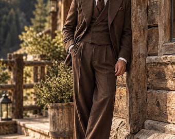 Luxuriöser brauner Herrenanzug, 3-teilig | Vintage-Blazer, Weste und Hose mit Struktur | Klassischer Gentleman-Stil | Gatsby-Anzug – Geschenkidee für ihn