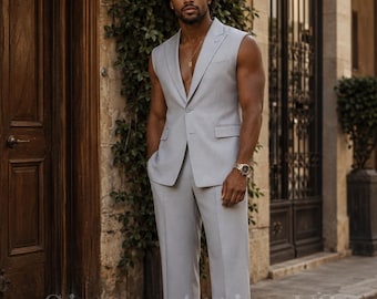 Light Blue Suit Men | Sleeveless Suit Vest Set | Wide Leg Trousers | Custom Made Mens Suit | Modern Formal Suit | Gift for him