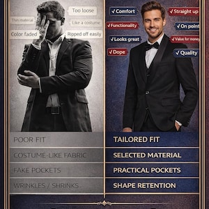 May include: An advertisement comparing an average suit to a tailored suit. The average suit is shown on the left, with a man looking distressed. The tailored suit is shown on the right, with a man smiling. Text includes "MY'S, TRUSTED BY MILLIONS" and "SIMON ATTIRE US."