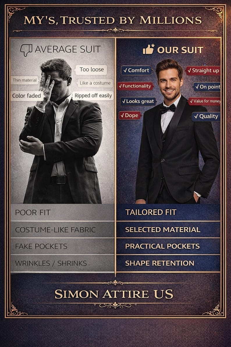 May include: An advertisement comparing an average suit to a tailored suit. The average suit is shown on the left, with a man looking distressed. The tailored suit is shown on the right, with a man smiling. Text includes "MY'S, TRUSTED BY MILLIONS" and "SIMON ATTIRE US."