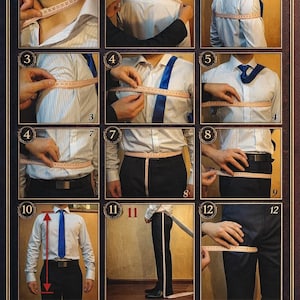 May include: A guide titled "How to Measure Yourself for a Suit" with numbered steps demonstrating how to measure various body parts for tailoring. The guide includes text and illustrations, with the brand name "SIMON ATTIRE US" at the bottom.