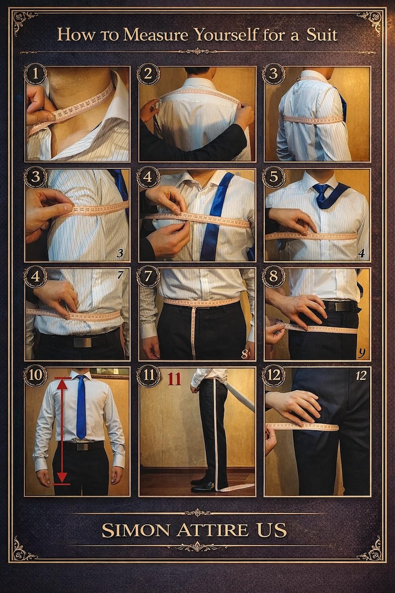May include: A guide titled "How to Measure Yourself for a Suit" with numbered steps demonstrating how to measure various body parts for tailoring. The guide includes text and illustrations, with the brand name "SIMON ATTIRE US" at the bottom.
