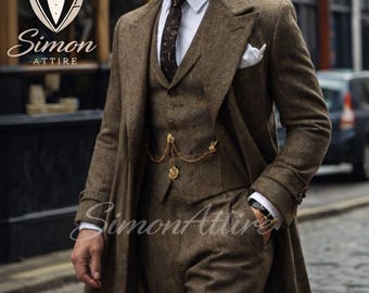 Brauner Peaky Blinders Style Herren Tweedanzug mit Mantel | Vintage Tweed Anzug Set | Brauner 3-Teiler Wollanzug mit Mantel | Alter Geldanzug