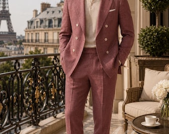 Men Rose-Mauve Linen Suit | Double Breasted  Wedding Suit | Structured Drape, Peak Lapels, and Casual Elegance | Lightweight Linen Suit