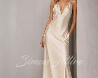 Sukienka bez pleców, ze 100% jedwabiu, damska | Jedwabna sukienka maxi w kolorze kości słoniowej | Bogini wygląd boho | Vestido Satinado Mujer | Minimalistyczny Vestido de Novia
