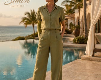 Women's Olive Linen Pant Set | Linen Shirt and Wide Leg Pants | Two Piece Linen Outfit | Casual Summer Co-Ord Set | Resort Wear for Women