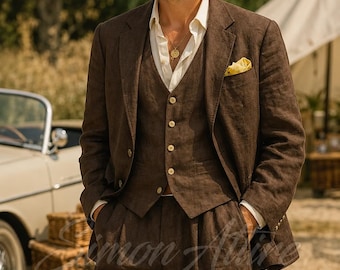 Brown Linen 3 Piece Suit Men | Vintage Linen Wedding Suit | Old Money Mens Suit | Elegant Summer Suit | Rustic Formal Suit - Gift forhim