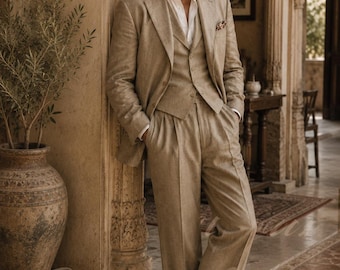 1970s Beige Linen Three Piece Suit for Men | Linen Waistcoat Suit | 70Vintage Old Money Style | 70s Vintage Inspired Suit - Gift for him