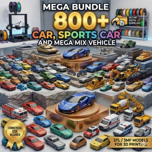 800+ bil-STL-paket | 3D-utskriftsfiler för sportbilar och fordon | Utskrivbara bilmodeller | Megafordons-STL-paket | Digital nedladdning