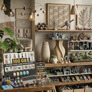 May include: A laptop displays "100 GB 3D PRINT FILES | HOME DECOR BUNDLE" with various 3D models. The scene includes decorative items like vases, wall art, and miniature figurines, showcasing a home decor theme.